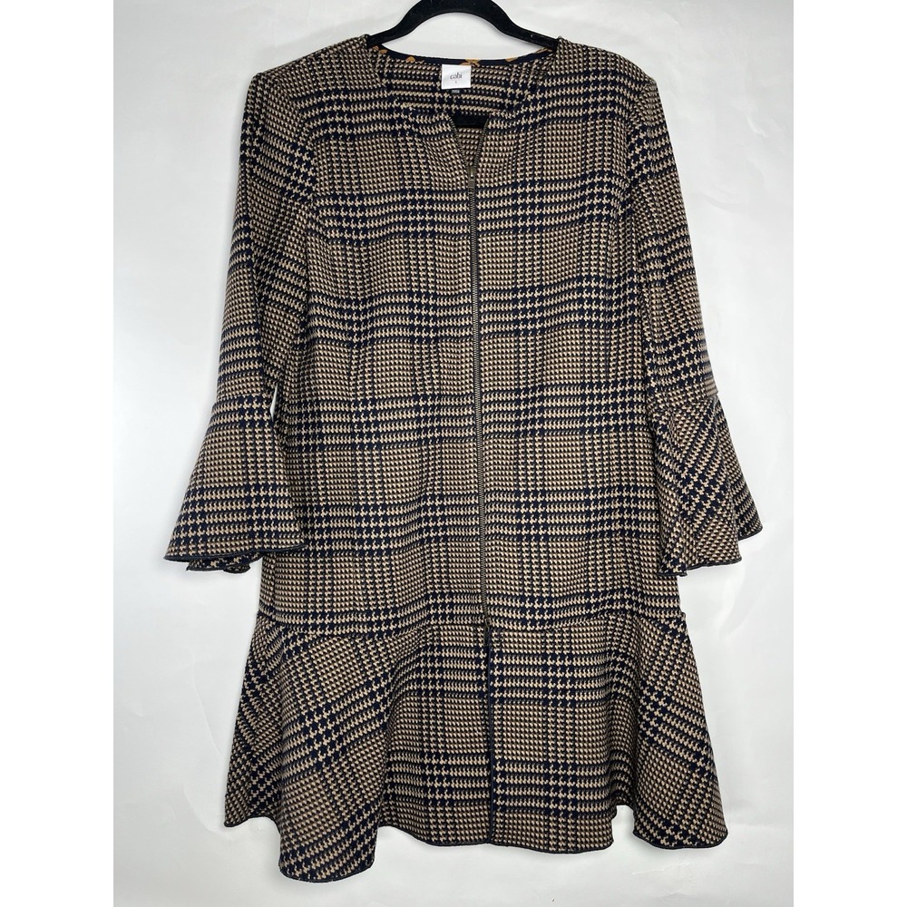 Cabi New Flounce Jacket #3902 Tan Brown Navy Tartan‎ Plaid Size S Fall Classic